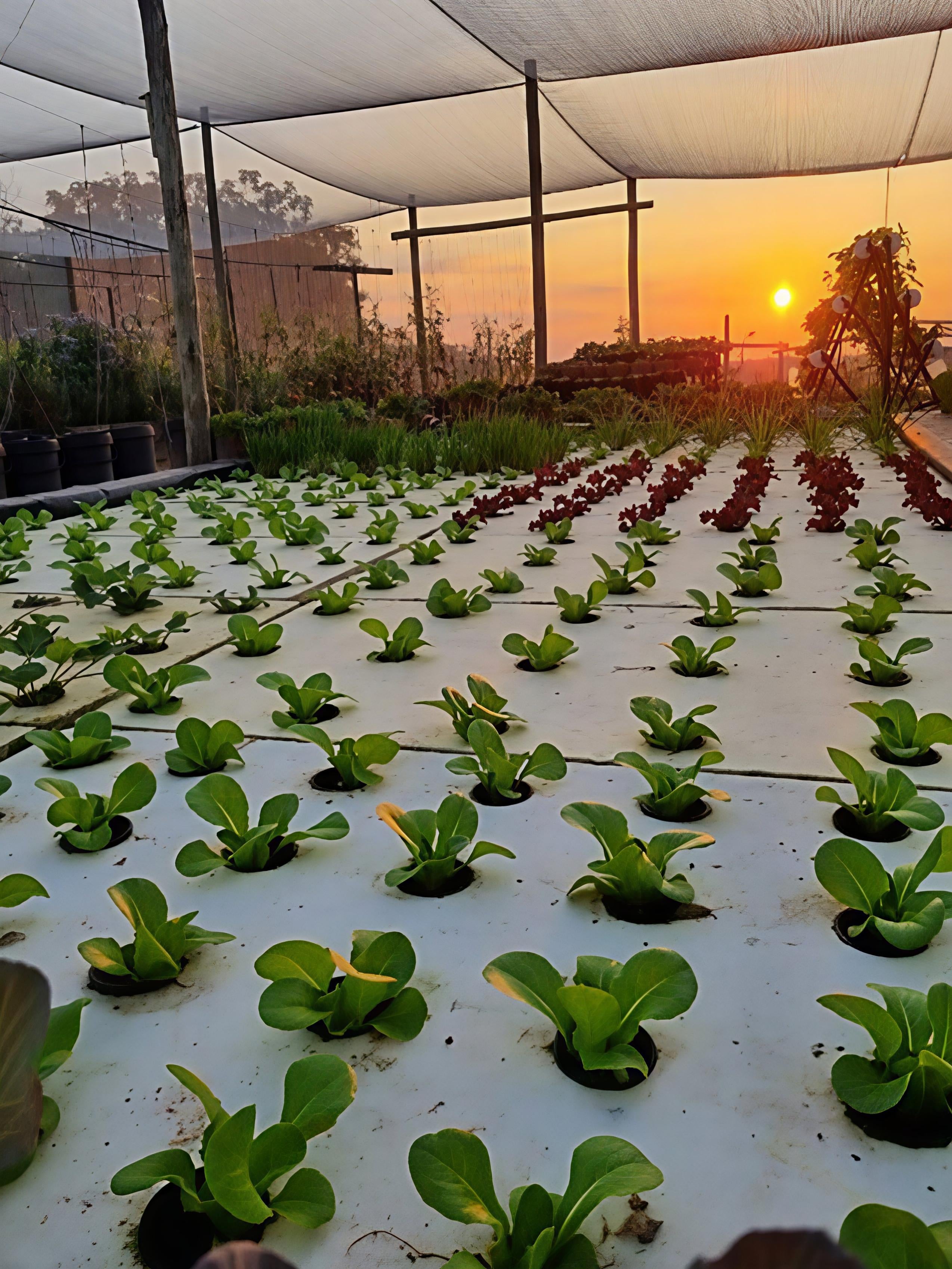 Gardening setup with plants under a canopy at sunset